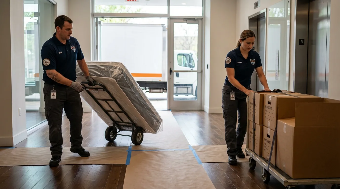 Professional apartment movers loading elevator in Crystal River, FL